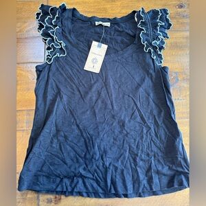 Democracy Double Ruffle Cap Sleeve black blouse NWT size S